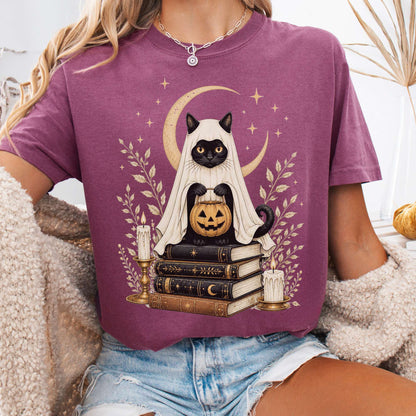 Ghost Cat and Books Halloween T-Shirt