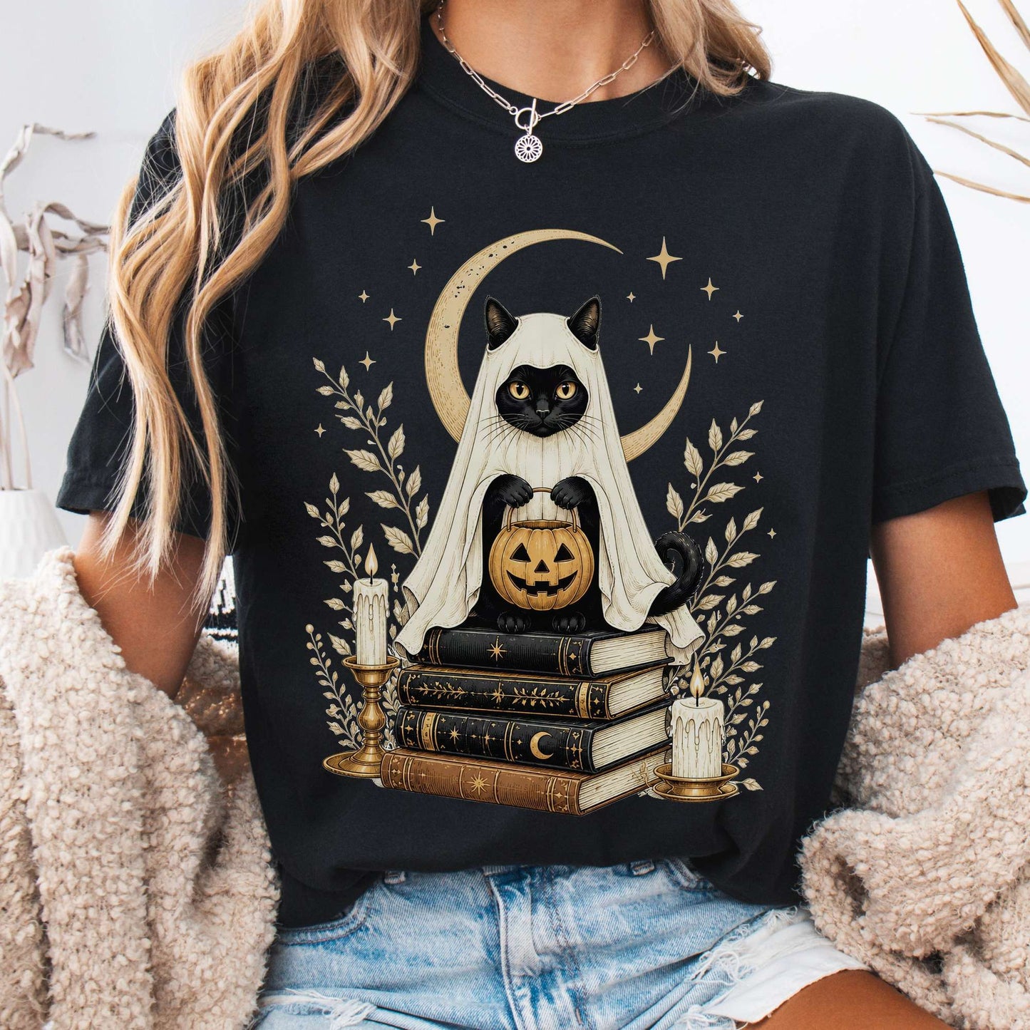 Ghost Cat and Books Halloween T-Shirt