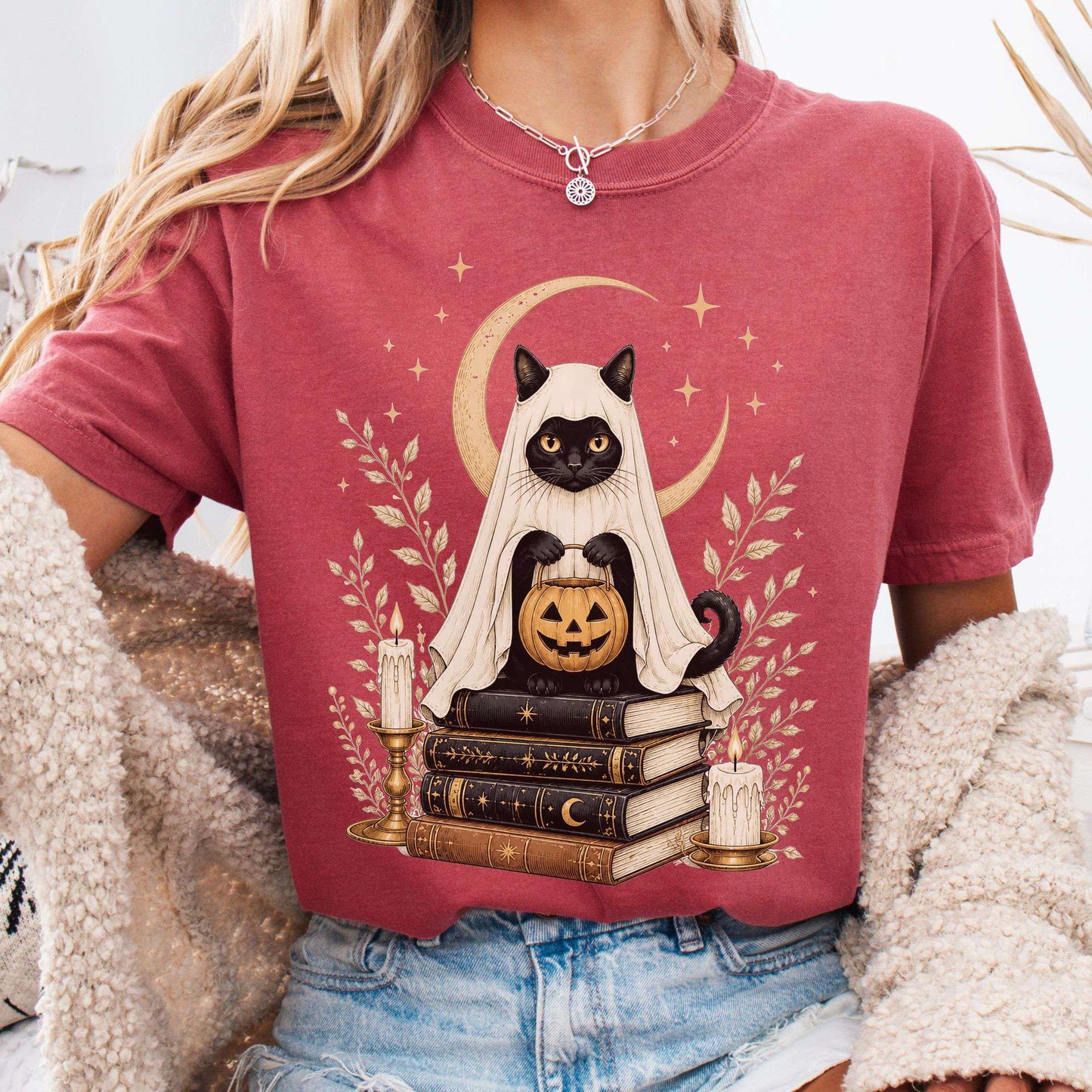 Ghost Cat and Books Halloween T-Shirt