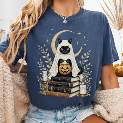 Ghost Cat and Books Halloween T-Shirt
