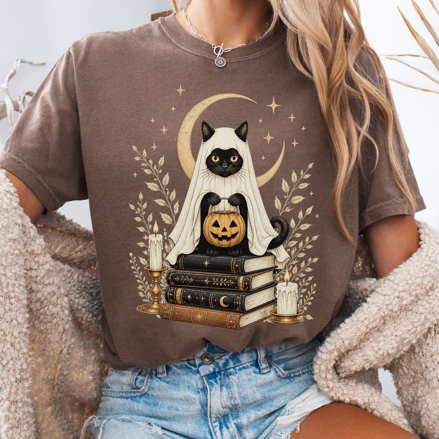 Ghost Cat and Books Halloween T-Shirt