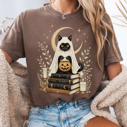 Ghost Cat and Books Halloween T-Shirt