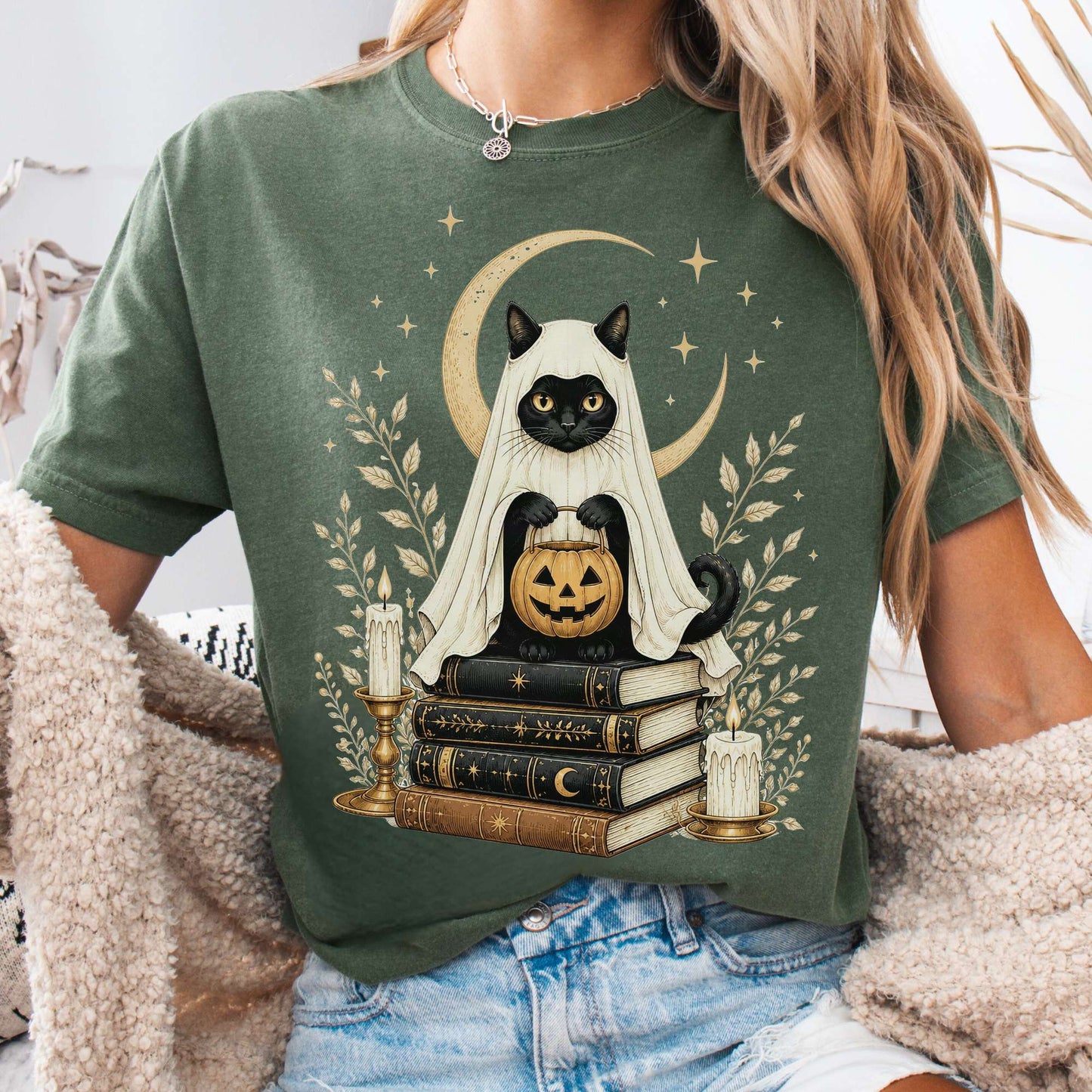 Ghost Cat and Books Halloween T-Shirt