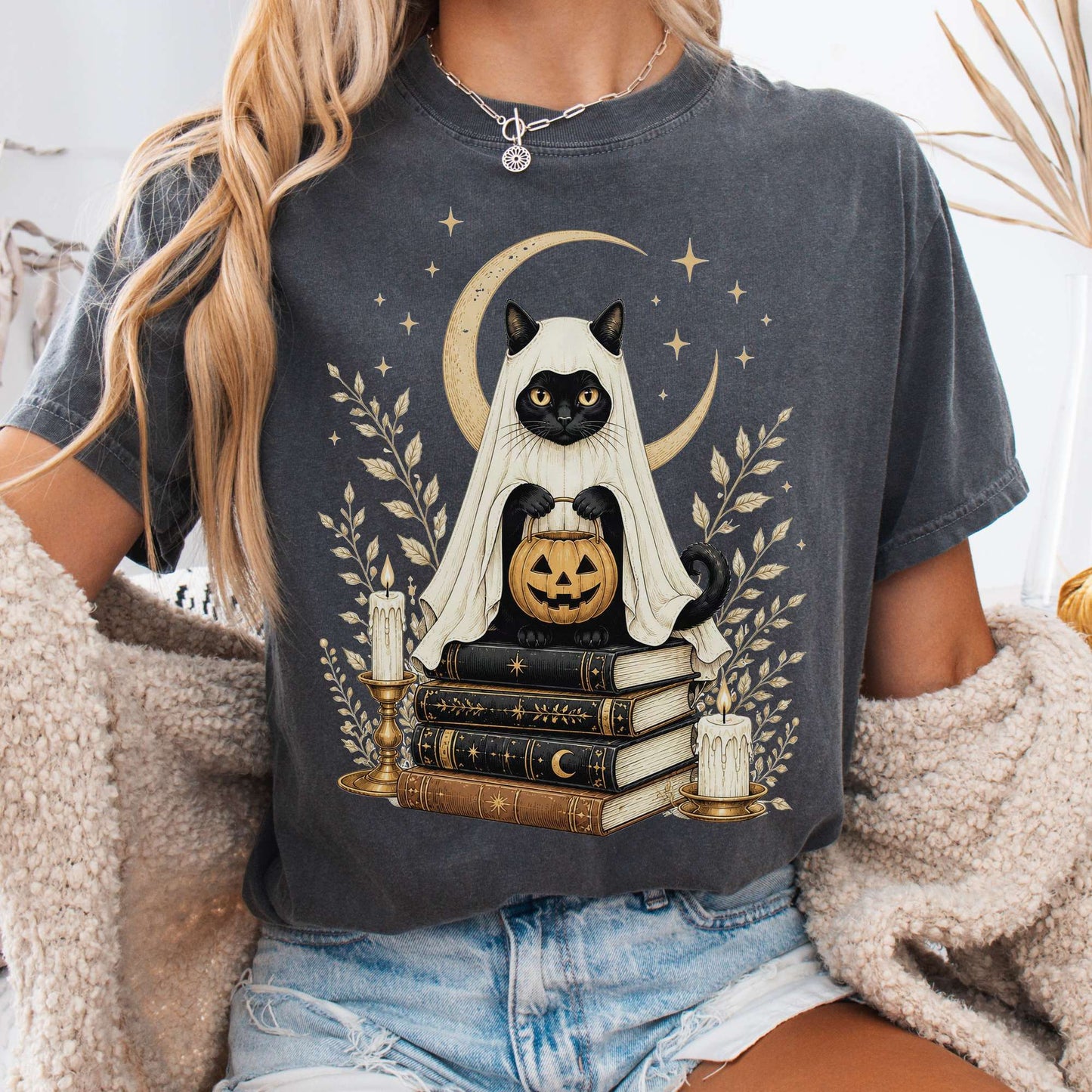 Ghost Cat and Books Halloween T-Shirt