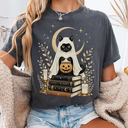 Ghost Cat and Books Halloween T-Shirt