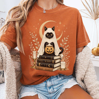 Ghost Cat and Books Halloween T-Shirt