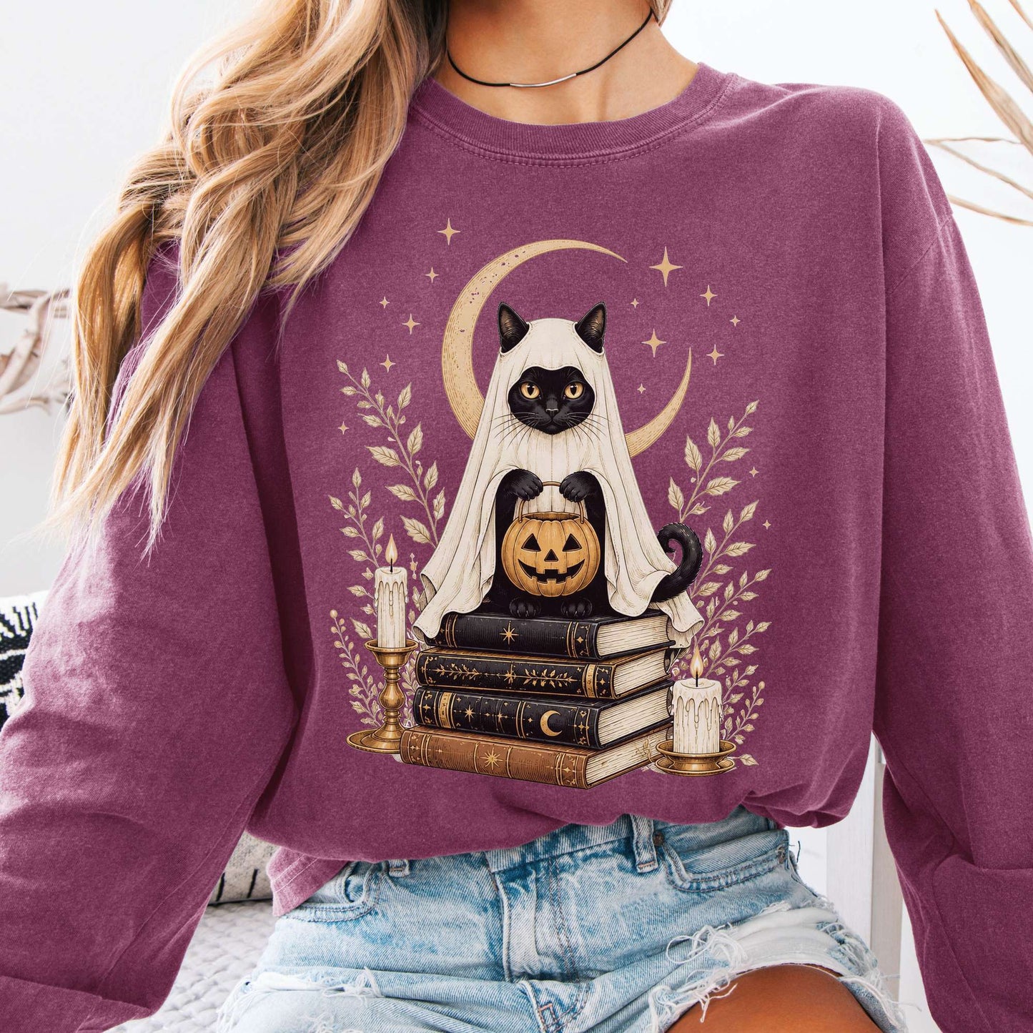 Ghost Cat and Books Halloween Long Sleeve