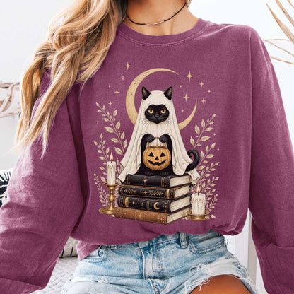 Ghost Cat and Books Halloween Long Sleeve