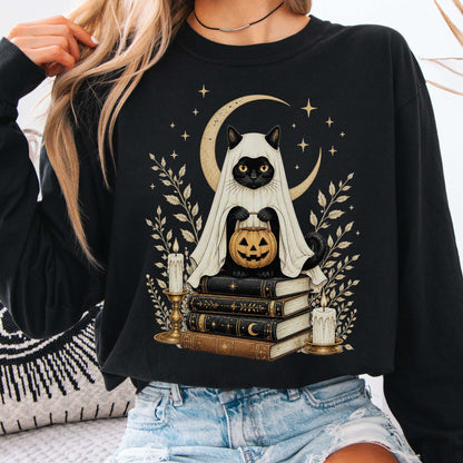 Ghost Cat and Books Halloween Long Sleeve