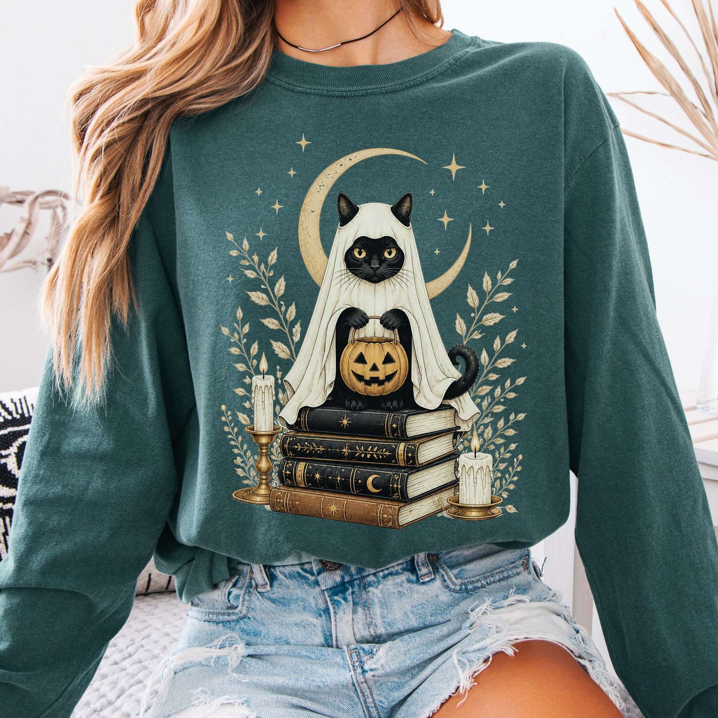 Ghost Cat and Books Halloween Long Sleeve