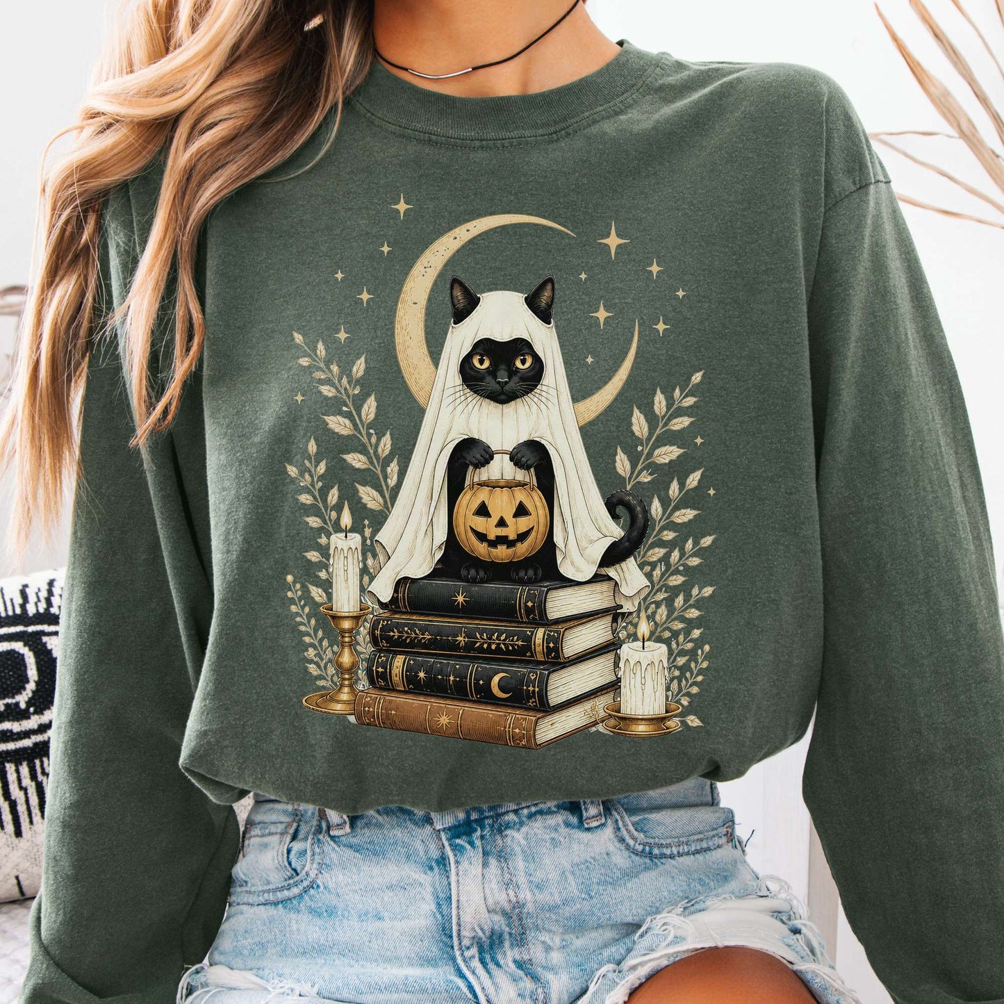 Ghost Cat and Books Halloween Long Sleeve