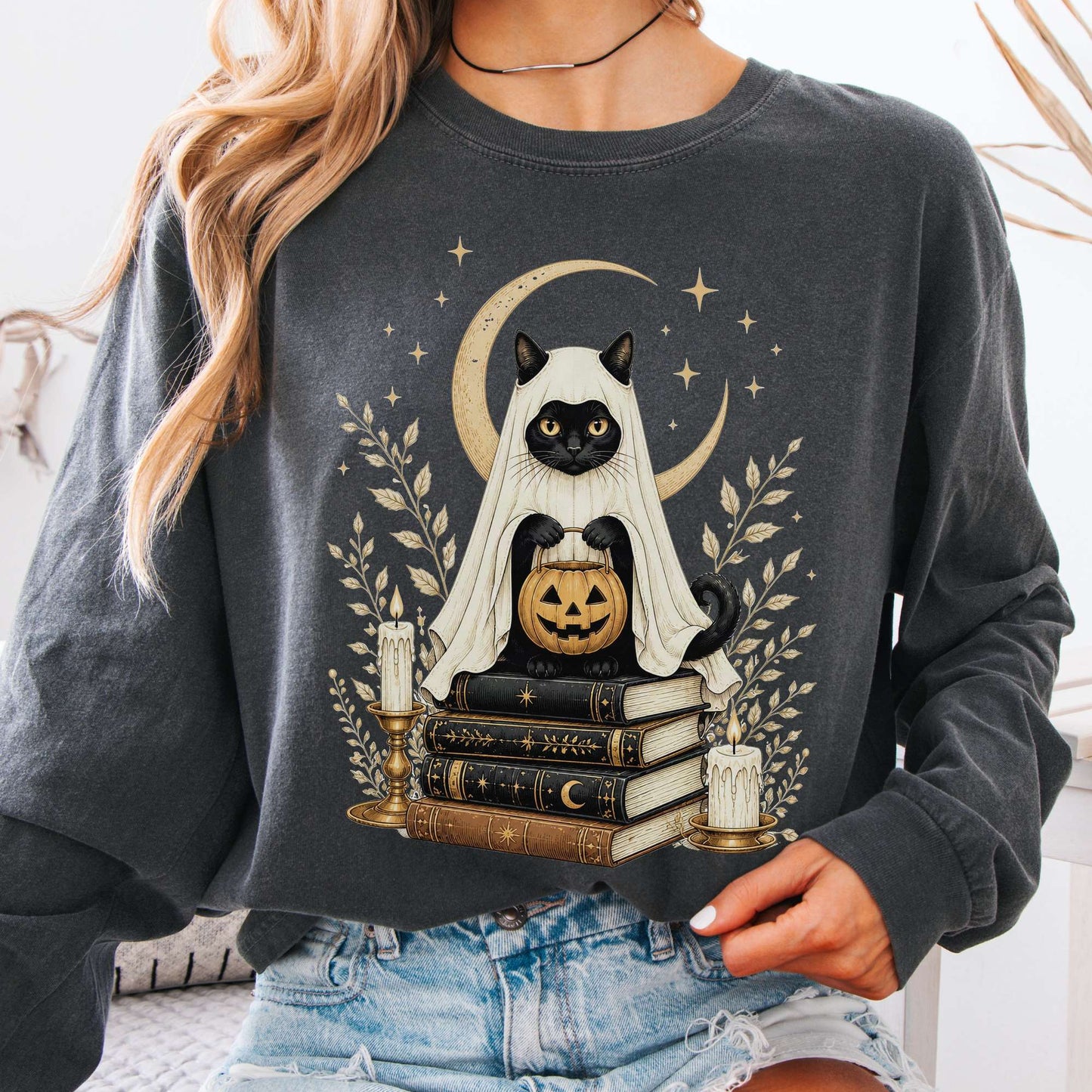 Ghost Cat and Books Halloween Long Sleeve
