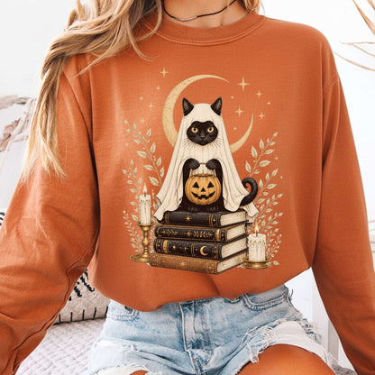 Ghost Cat and Books Halloween Long Sleeve