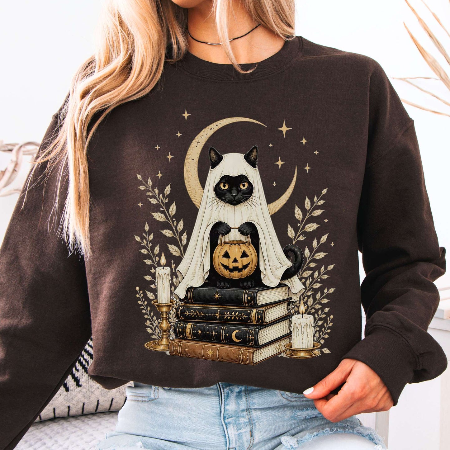 Ghost Cat and Books Halloween Sweatshirt