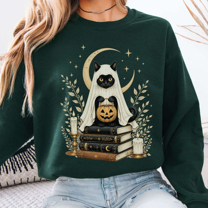 Ghost Cat and Books Halloween Sweatshirt
