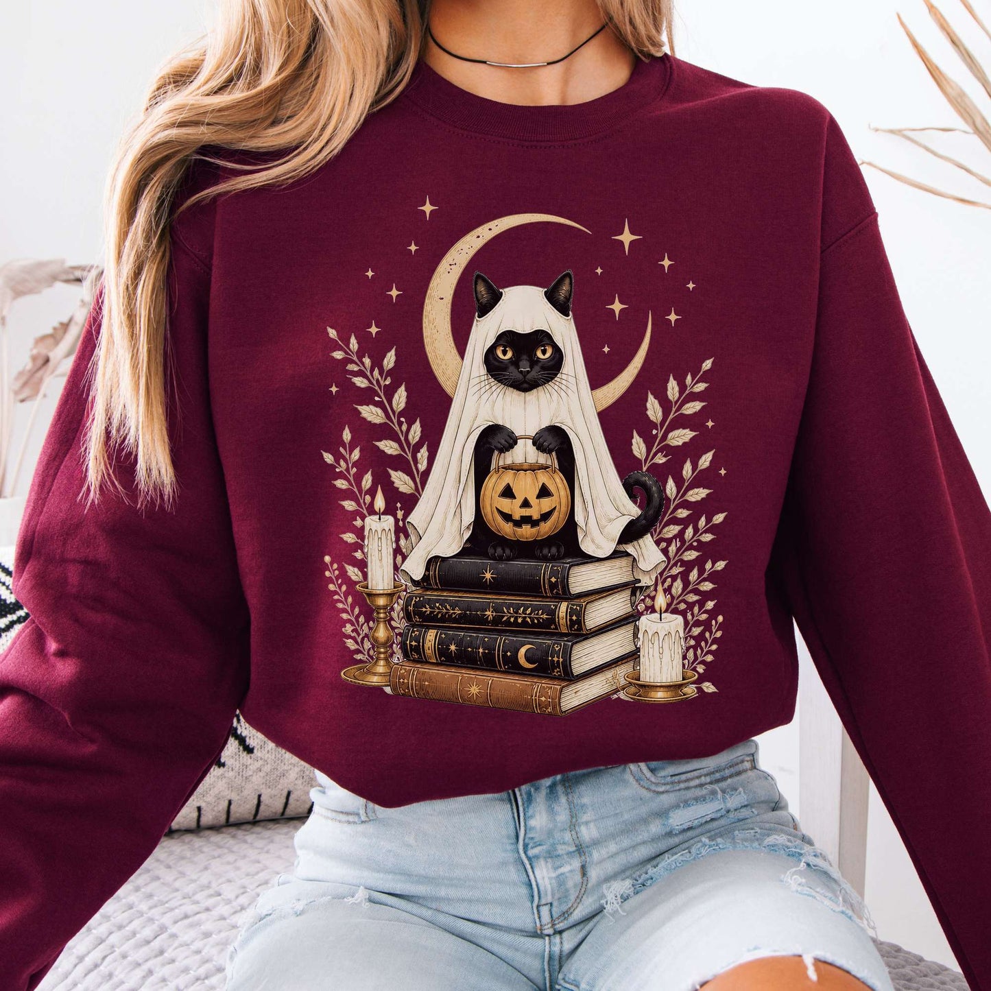 Ghost Cat and Books Halloween Sweatshirt