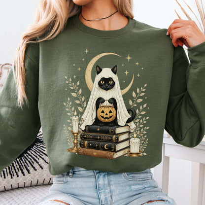 Ghost Cat and Books Halloween Sweatshirt