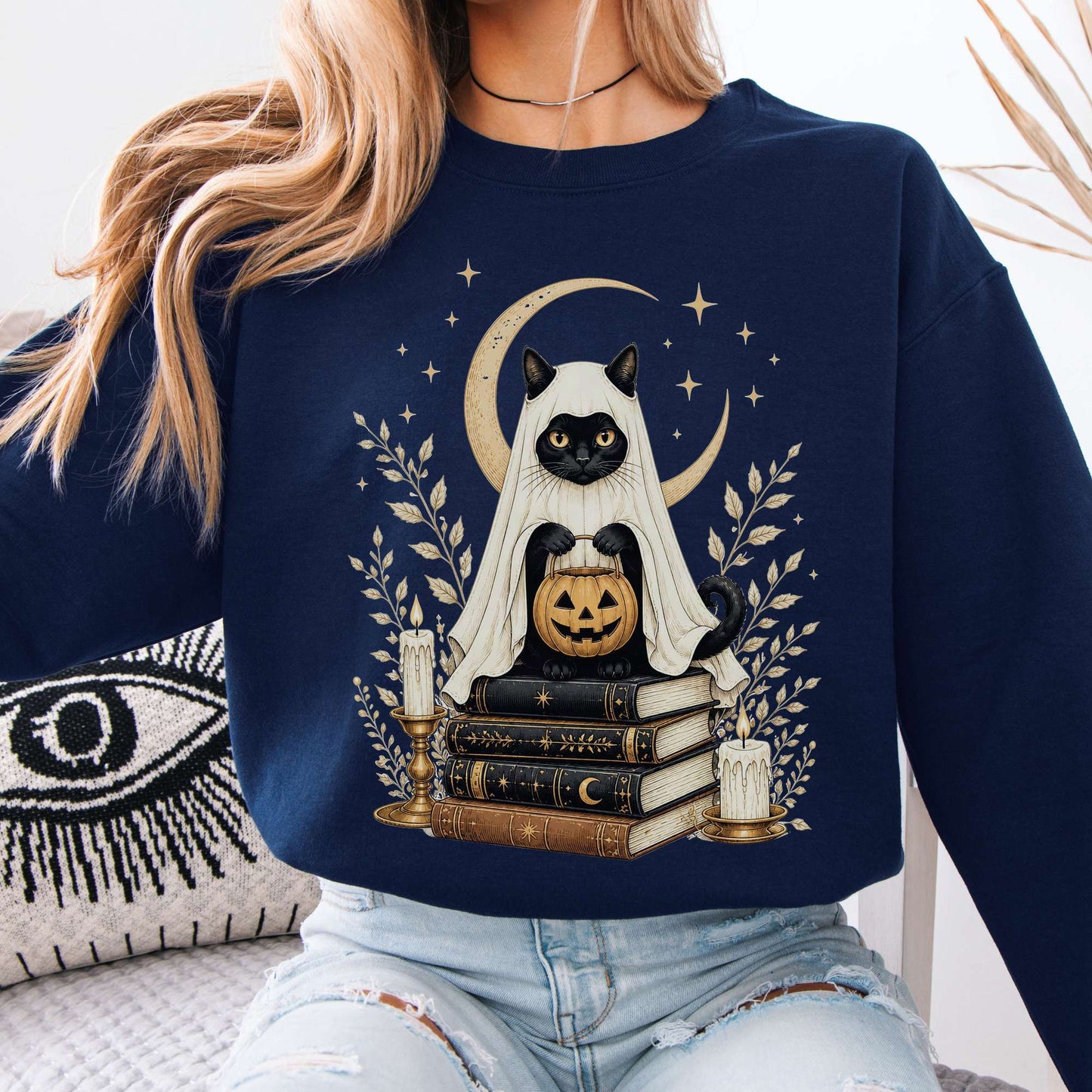 Ghost Cat and Books Halloween Sweatshirt