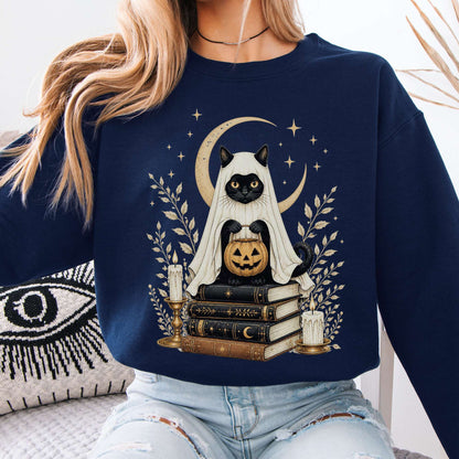 Ghost Cat and Books Halloween Sweatshirt