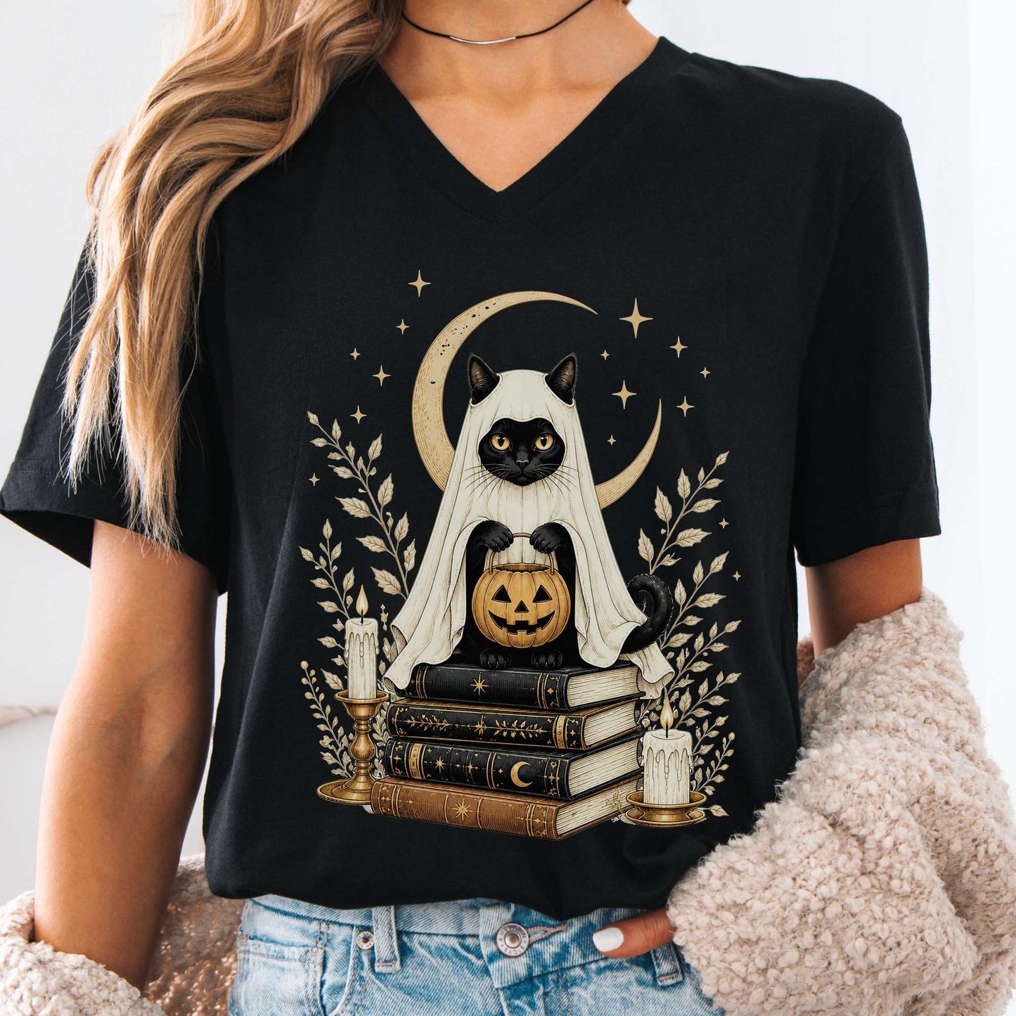 Ghost Cat and Books Halloween V-Neck