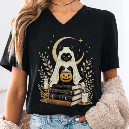 Ghost Cat and Books Halloween V-Neck