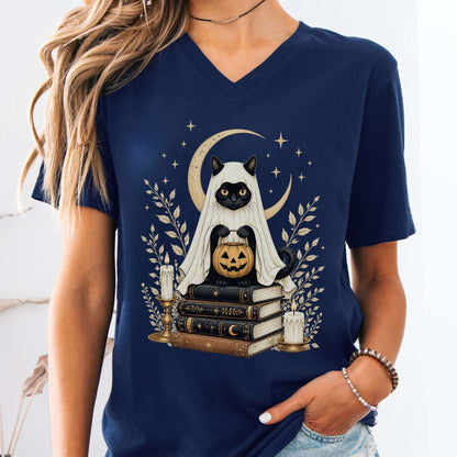 Ghost Cat and Books Halloween V-Neck