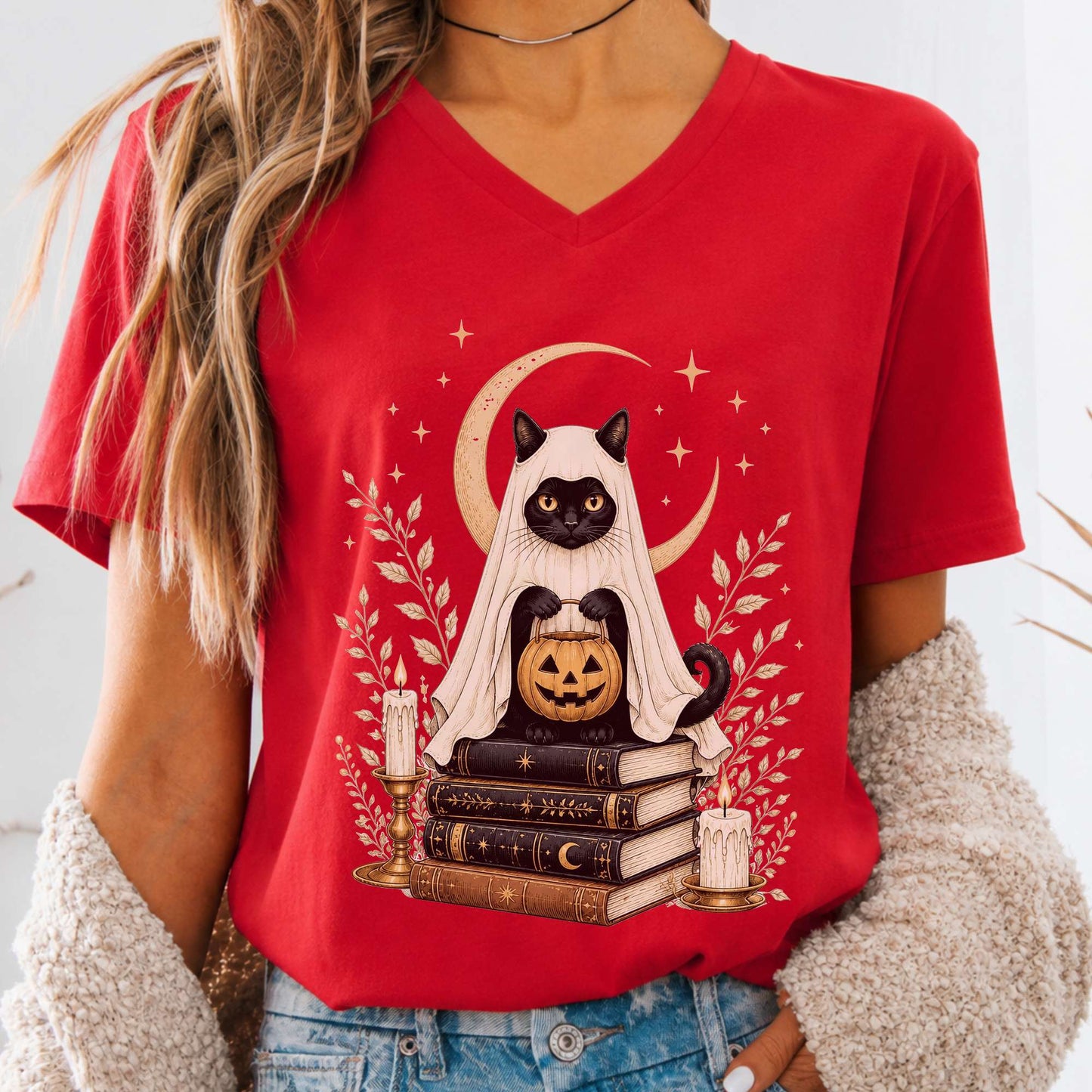 Ghost Cat and Books Halloween V-Neck