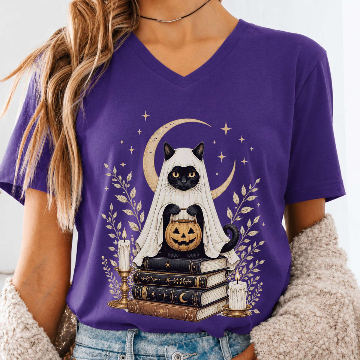 Ghost Cat and Books Halloween V-Neck