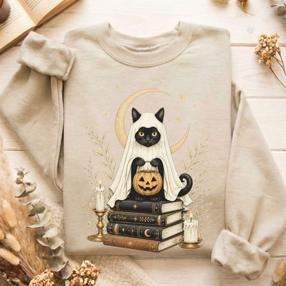 Ghost Cat and Books Halloween Sweatshirt