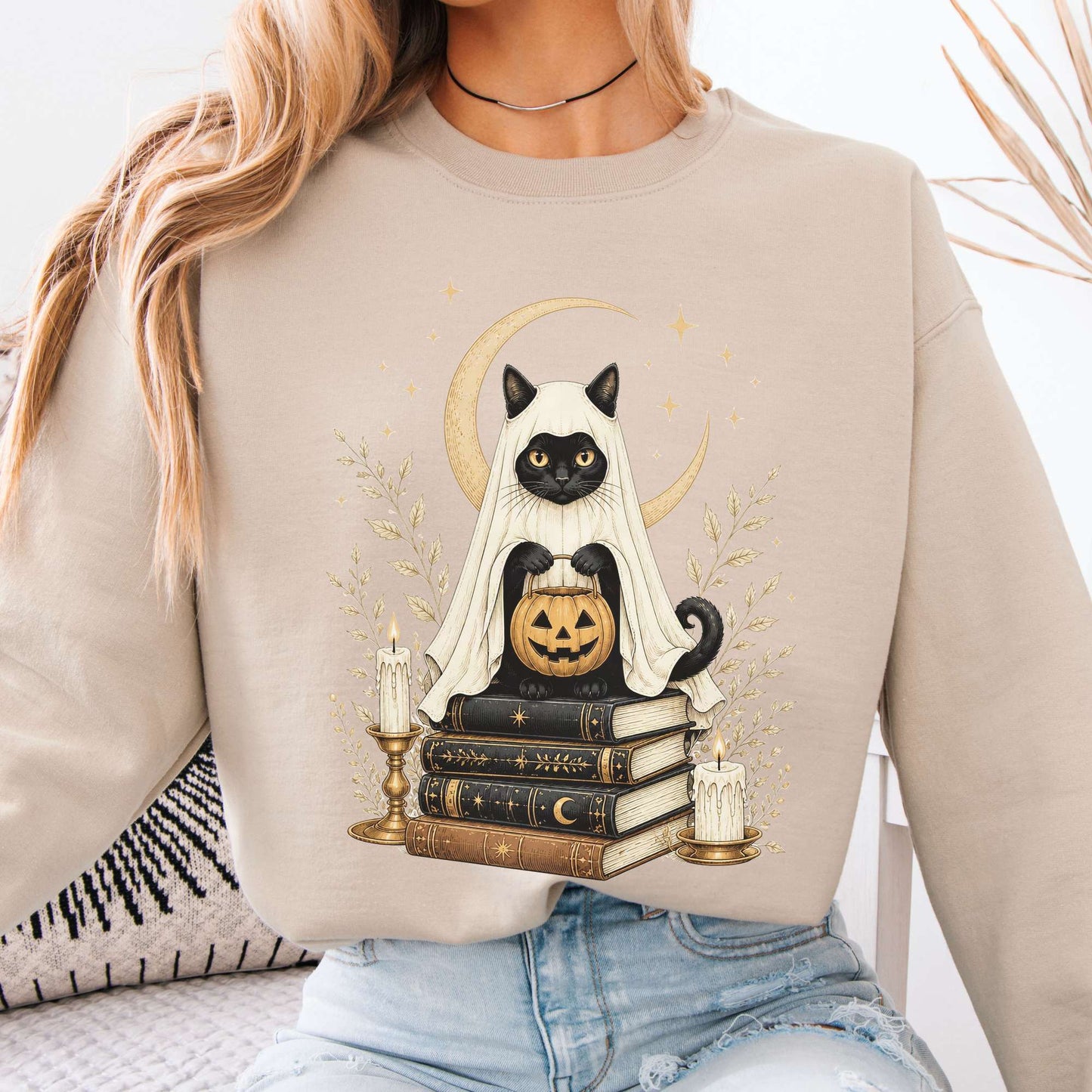 Ghost Cat and Books Halloween Sweatshirt