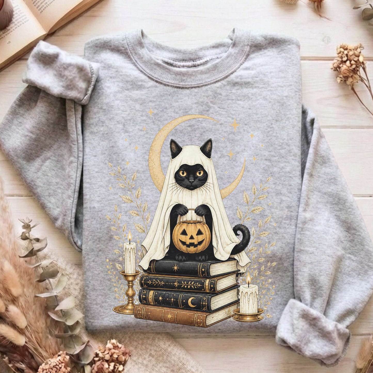 Ghost Cat and Books Halloween Sweatshirt