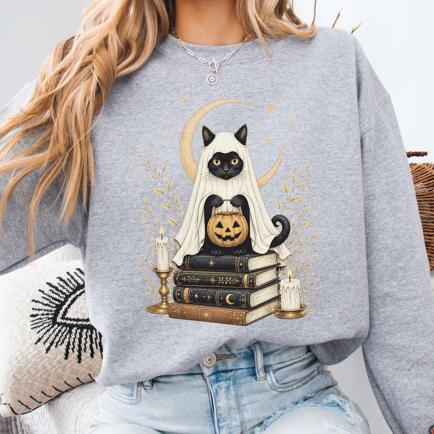 Ghost Cat and Books Halloween Sweatshirt