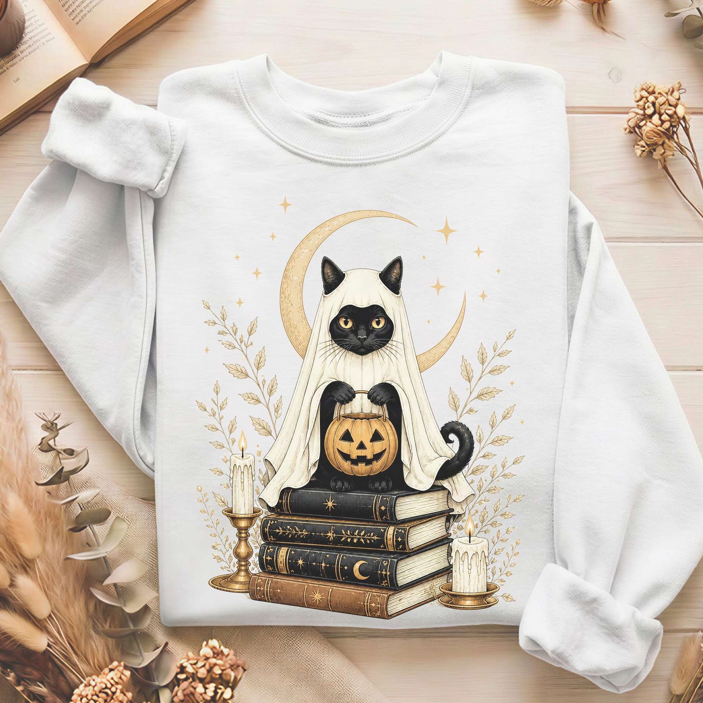Ghost Cat and Books Halloween Sweatshirt