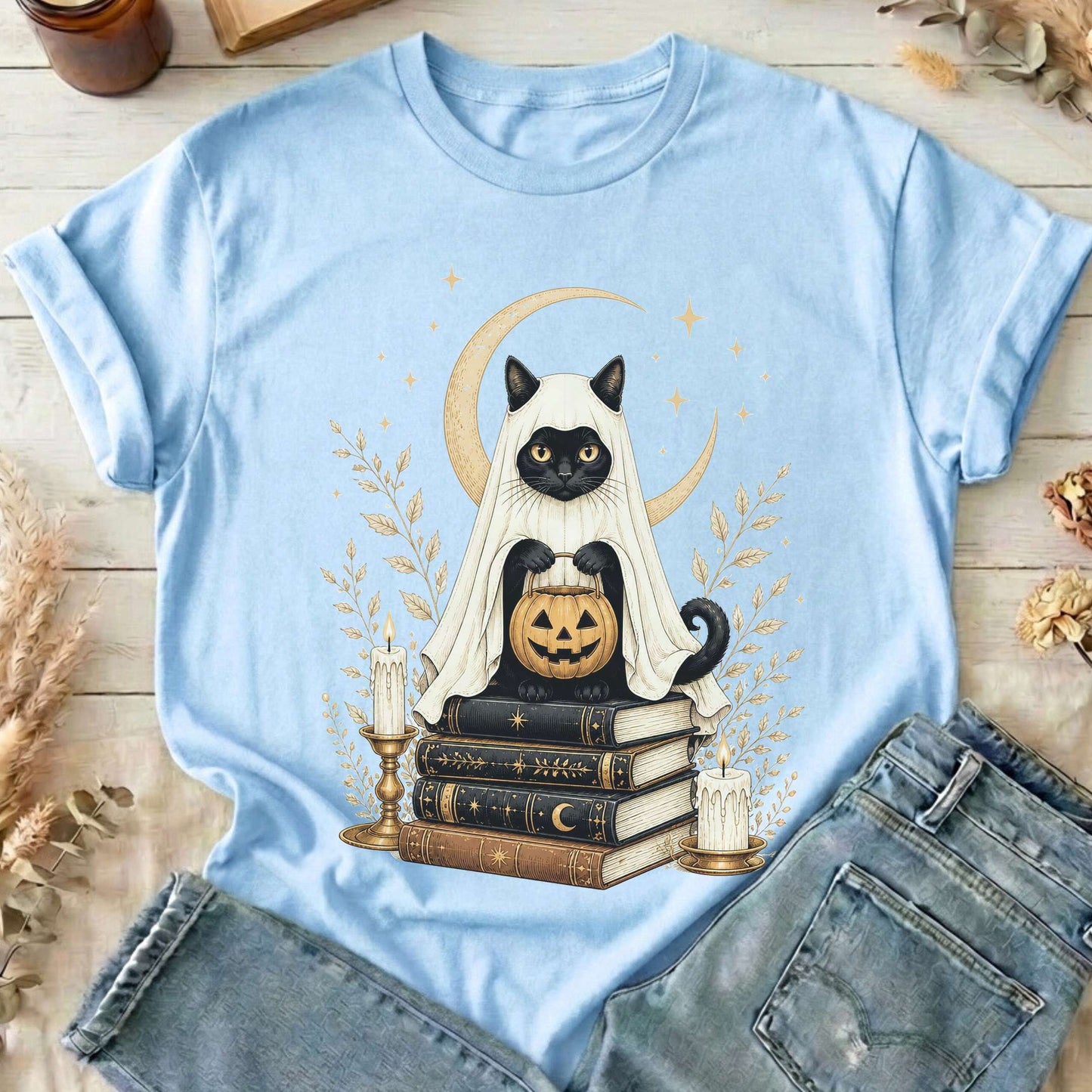 Ghost Cat and Books Halloween T-Shirt