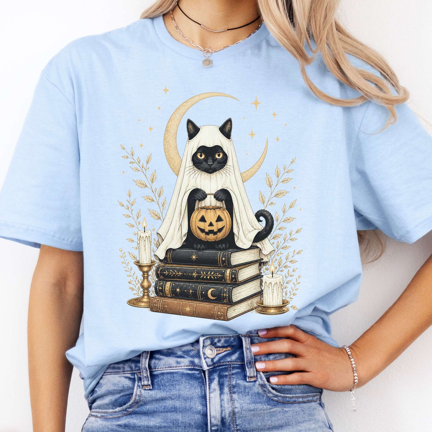 Ghost Cat and Books Halloween T-Shirt