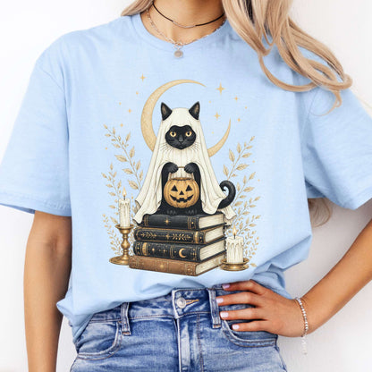 Ghost Cat and Books Halloween T-Shirt