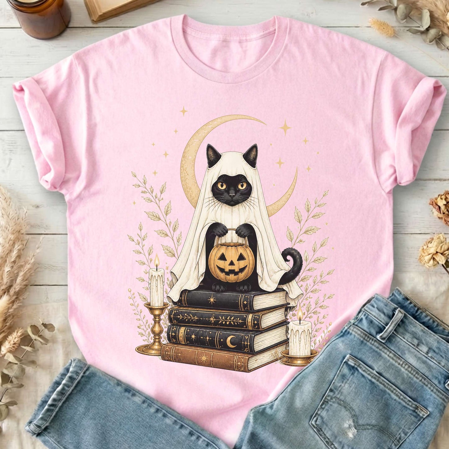 Ghost Cat and Books Halloween T-Shirt