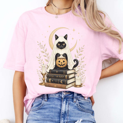 Ghost Cat and Books Halloween T-Shirt