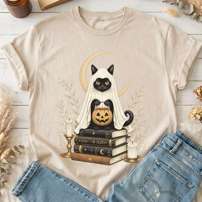 Ghost Cat and Books Halloween T-Shirt