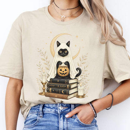 Ghost Cat and Books Halloween T-Shirt