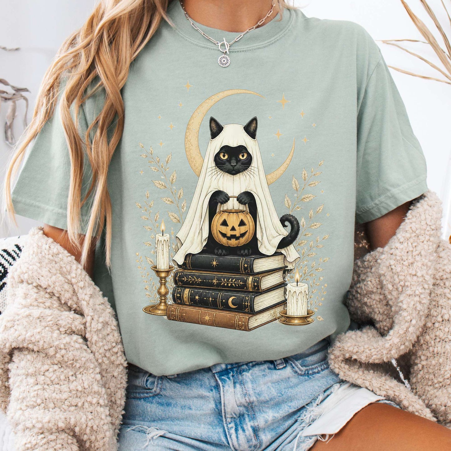 Ghost Cat and Books Halloween T-Shirt
