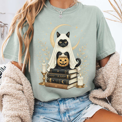Ghost Cat and Books Halloween T-Shirt