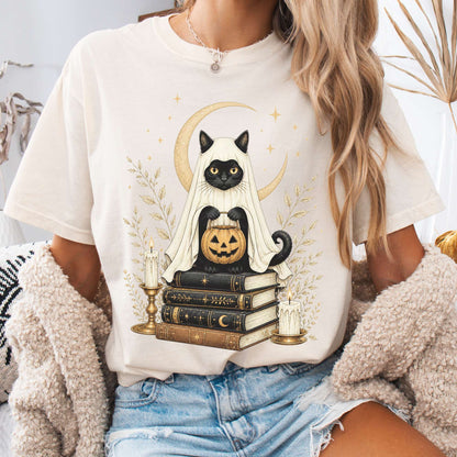 Ghost Cat and Books Halloween T-Shirt