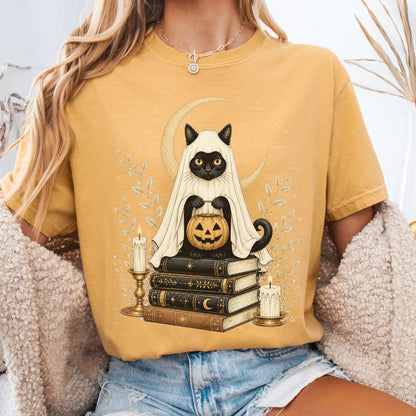 Ghost Cat and Books Halloween T-Shirt