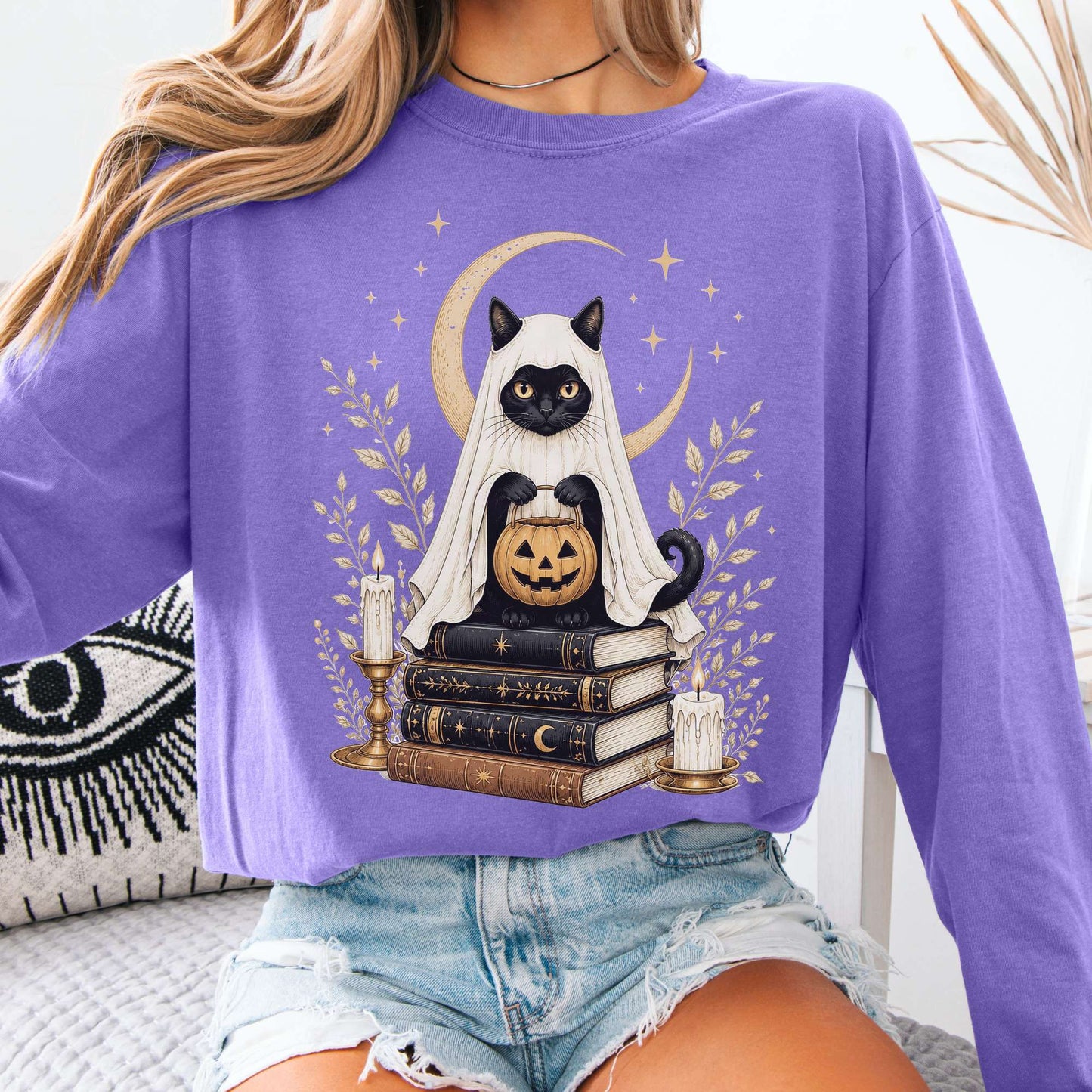 Ghost Cat and Books Halloween Long Sleeve