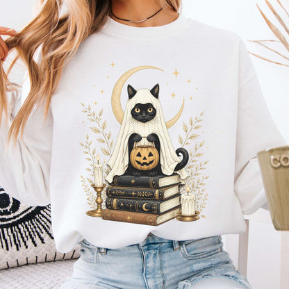 Ghost Cat and Books Halloween Sweatshirt