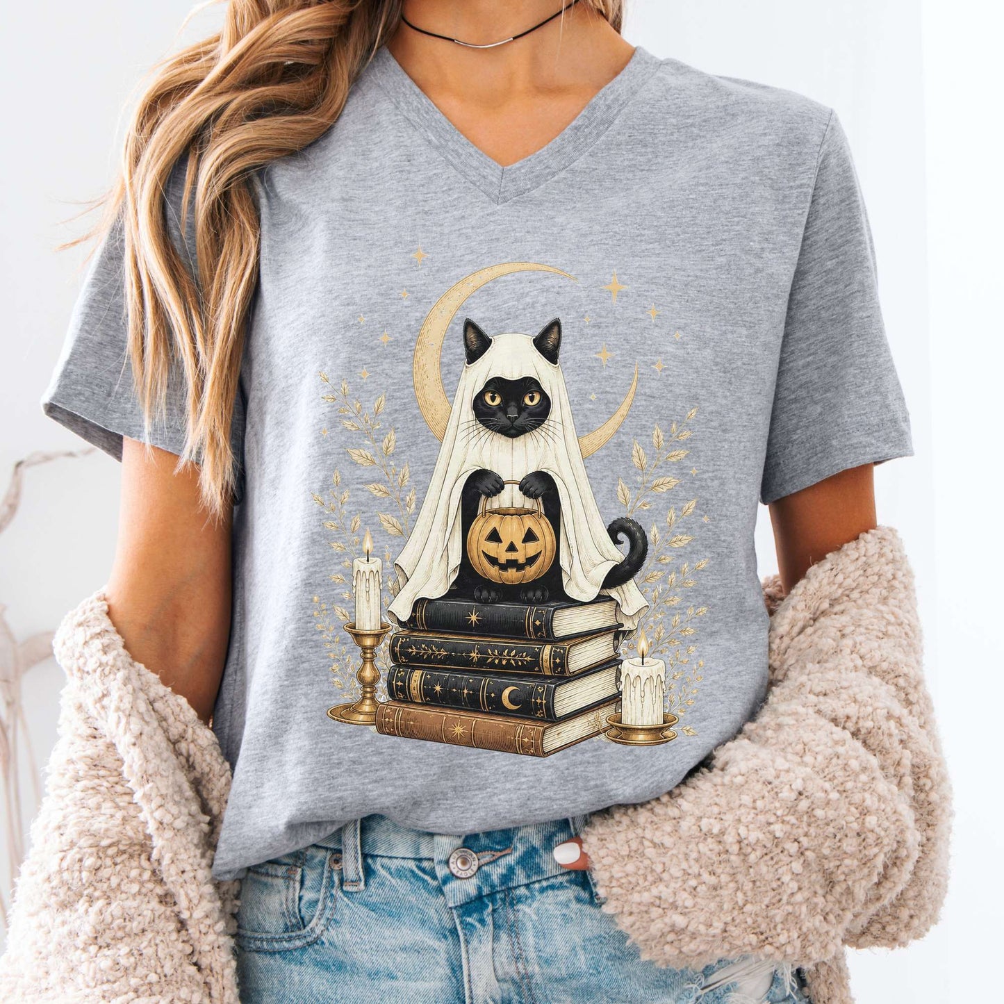 Ghost Cat and Books Halloween V-Neck