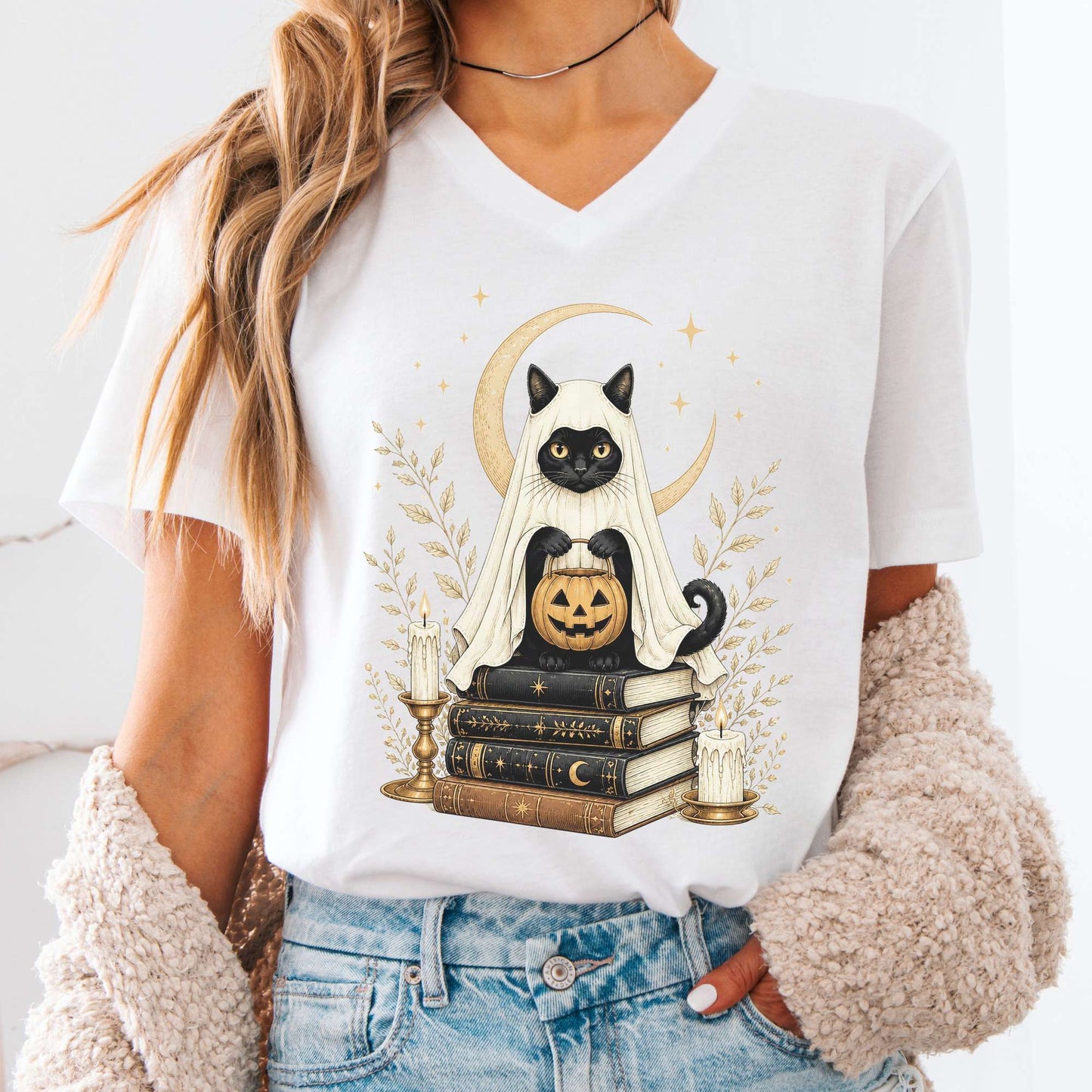 Ghost Cat and Books Halloween V-Neck