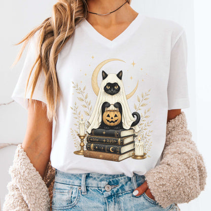 Ghost Cat and Books Halloween V-Neck
