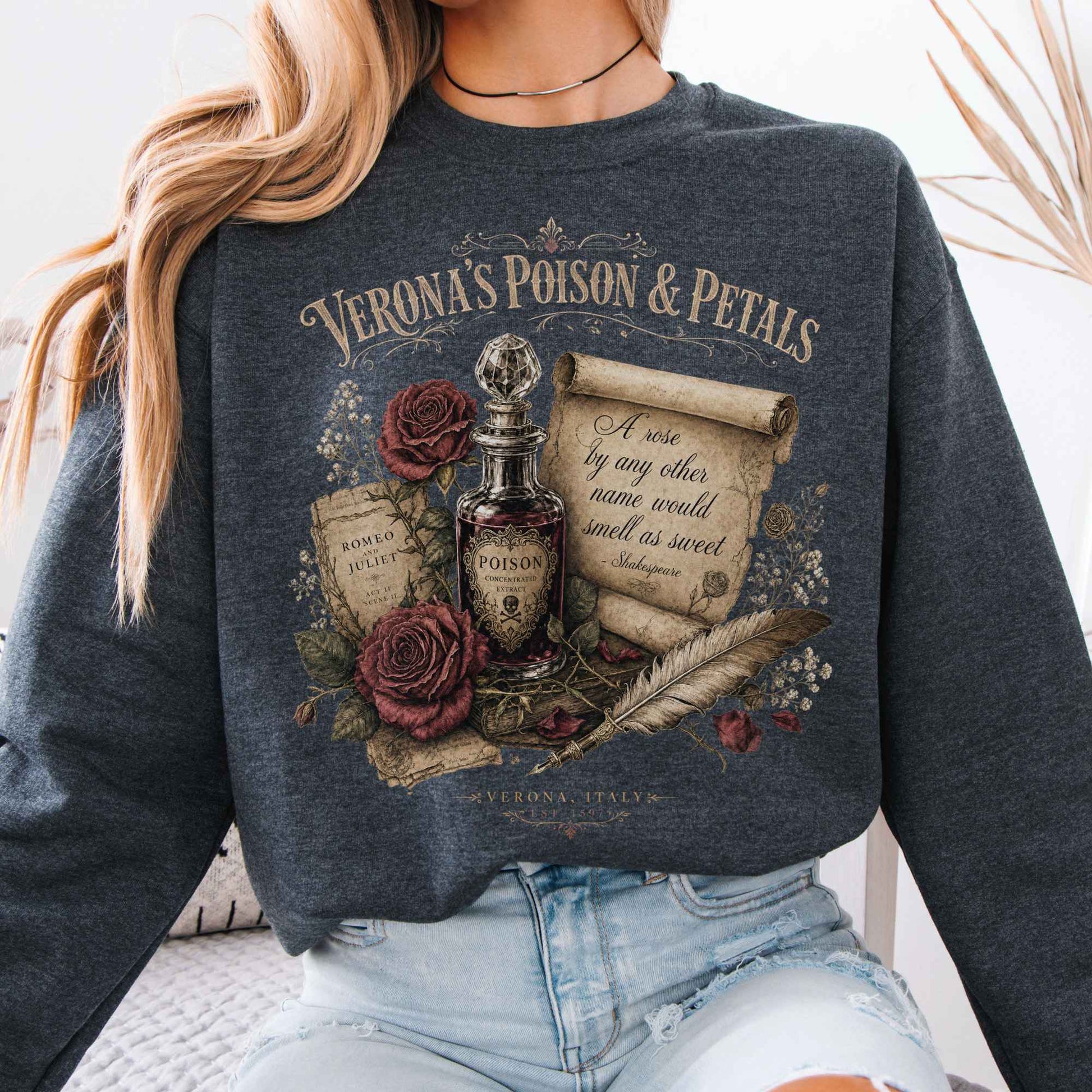 Sweatshirt Dark Heather / S Shakespeare's Verona's Poison & Petals Romeo & Juliet Crewneck Sweatshirt The Mystic Eden